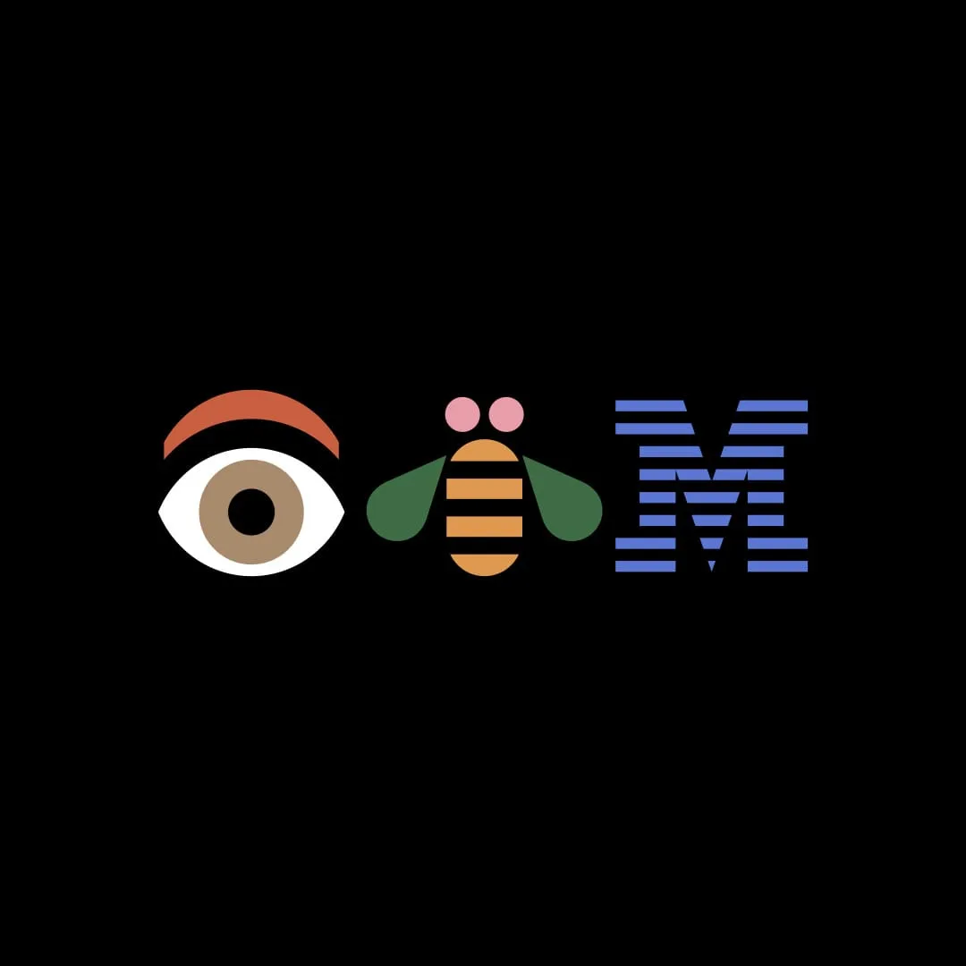 Le rébus Eye-Bee-M de Paul Rand : un œil, une abeille et le M rayé d’IBM sur fond noir.