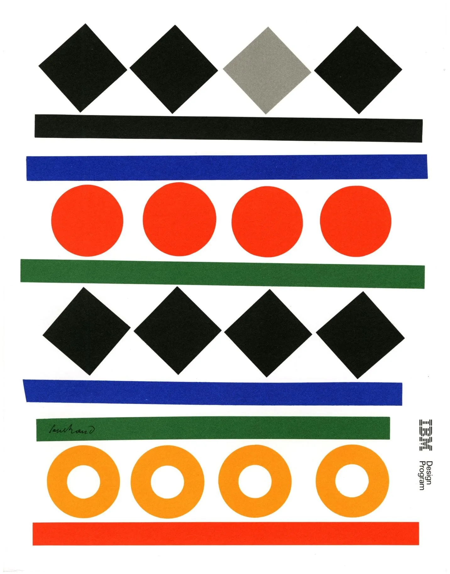 Affiche du Design Program d’IBM signée Paul Rand : rangées de losanges noirs, de disques rouges et d’anneaux orange entre des bandes de couleur.