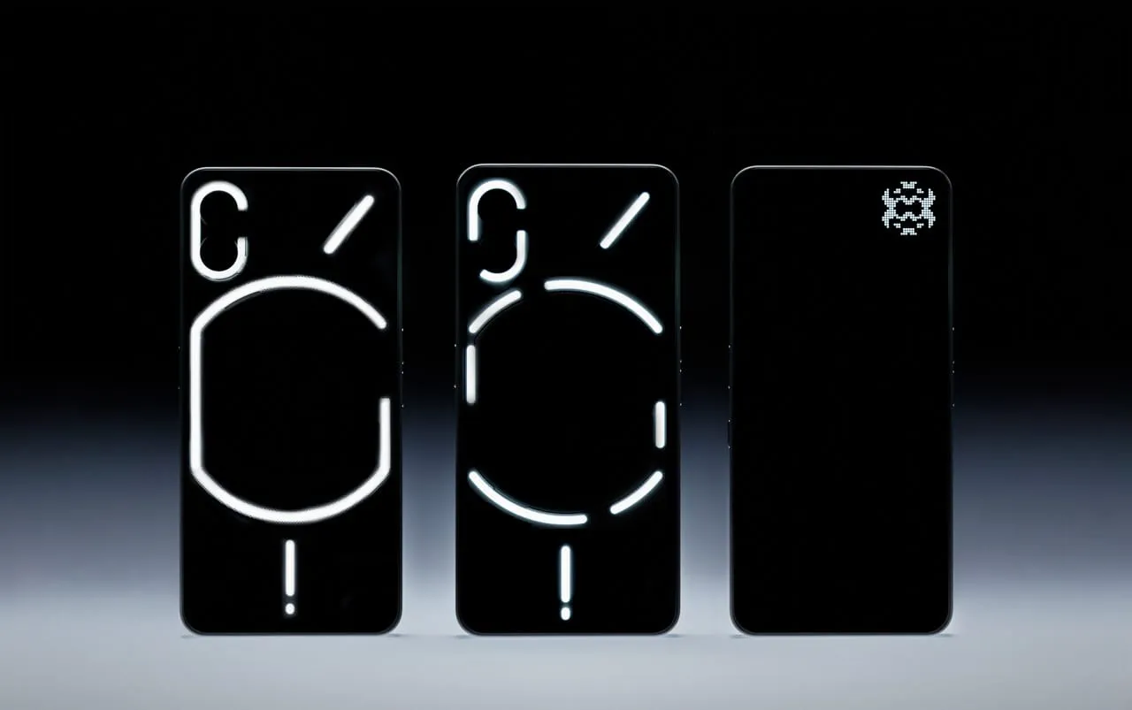 Trois smartphones Nothing vus de dos dans le noir : les bandes lumineuses du Glyph Interface puis la Glyph Matrix du Phone (3).