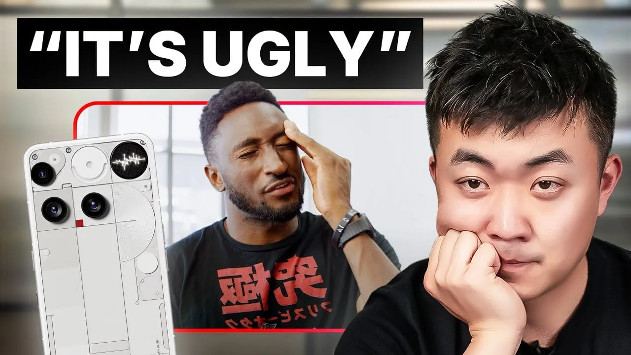 Vignette YouTube : Carl Pei, pensif, à côté d’un testeur qui se frotte le front et du Phone (3), sous le titre « It’s ugly ».